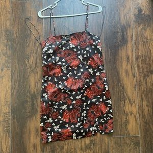 Zara, silky, mini dress! Gorgeous navy blue, red and neutrals throughout.